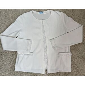 J. McLaughlin Women's Ivory Cotton Open Front Cardigan Frayed Edge Accent Size M